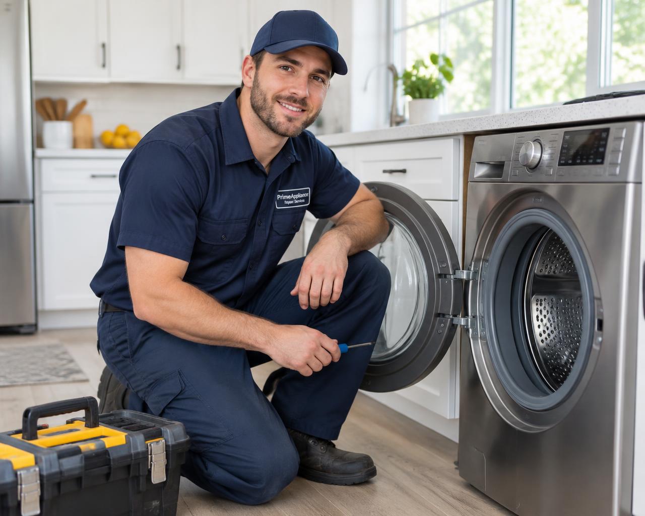 Technician repairing a washing machine